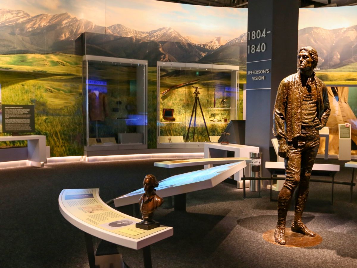 An exhibit at the museum in the Gateway Arch featuring a bronze statue of Thomas Jefferson.