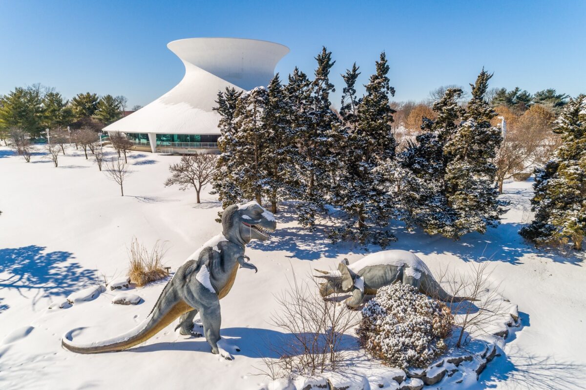 Dinosaur sculptures in a snowy landscape in front of the St. Louis Science Center.