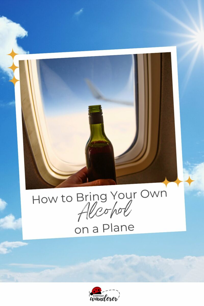 Hand holding a bottle of alcohol by an airplane window, with text "how to bring your own alcohol on a plane" and a logo at the bottom.