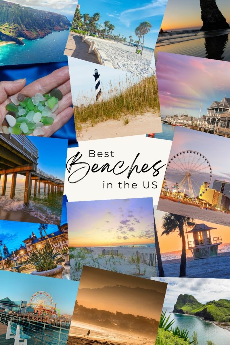 Collage of scenic us beaches with various features like palm trees, boardwalks, and sunset views, titled "best beaches in the us.