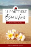 Promotional poster titled "15 prettiest benches in the united states" featuring three plumeria flowers on a sandy beach, with a blurry ocean backdrop.