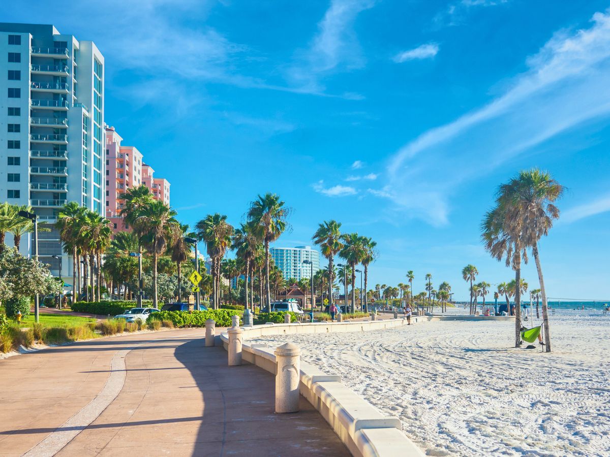 A sunny beachside walkway with palm trees, modern high-rise buildings, and a clear blue sky.