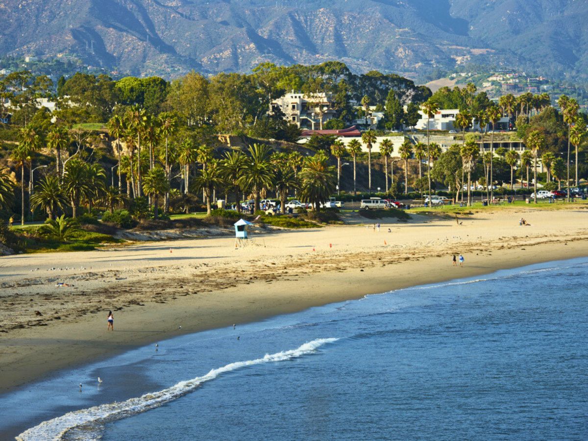 A scenic beachfront with palm trees, mountains in the background, and a few people by the water's edge.