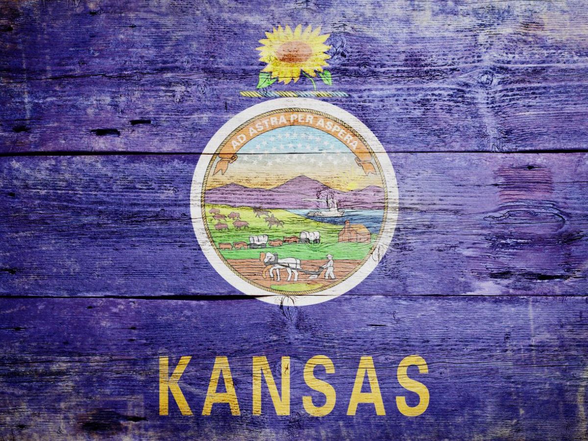 The seal of kansas on a weathered wooden background with the word "kansas" printed below it and a sunflower above it.