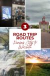 Collage of road trip scenes from Kansas City to Wichita, featuring a museum exhibit, historic building, waterfall, and landscape at sunset, with text "3 Road Trip Routes Kansas City to Wichita.