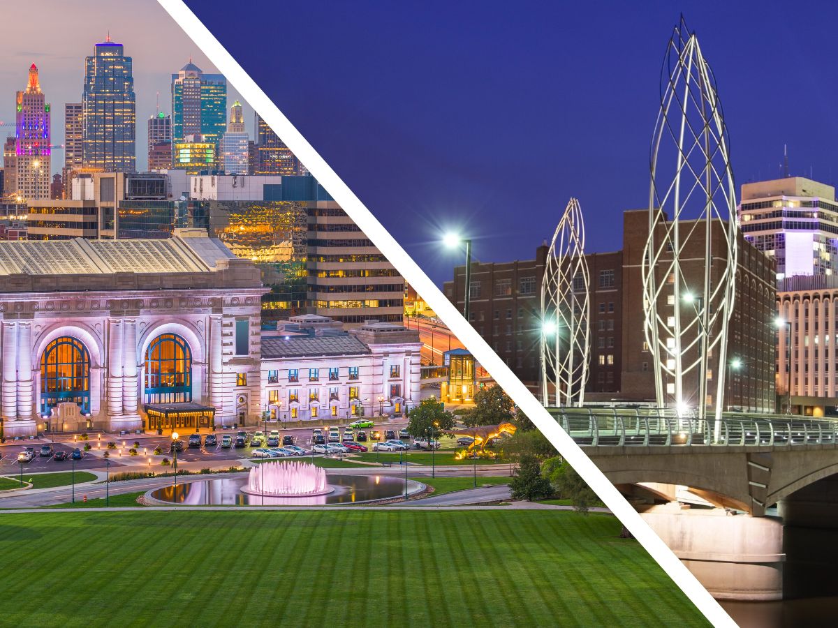 Split image contrasting two urban scenes: left side shows a historic building in Kansas City with illuminated façade at twilight; right side features modern sculptures by a river in Wichita at night.