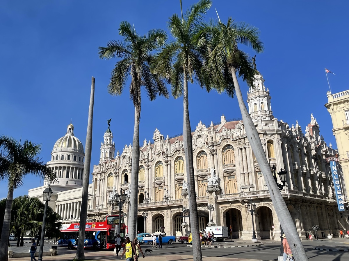 A grand, ornate building stands under a clear blue sky, with tall palm trees in the foreground. A dome structure is visible to the left, and a red double-decker tour bus is on the street.