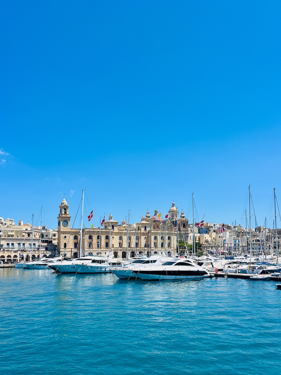 View of yachts docked in a marina with a large historic building and clear blue sky in the background.