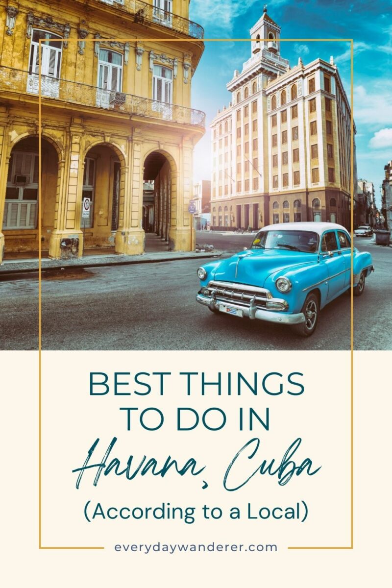 Cover of a travel guide titled 'Best Things to Do in Havana, Cuba (According to a Local)' featuring a classic blue car parked in front of historic buildings.