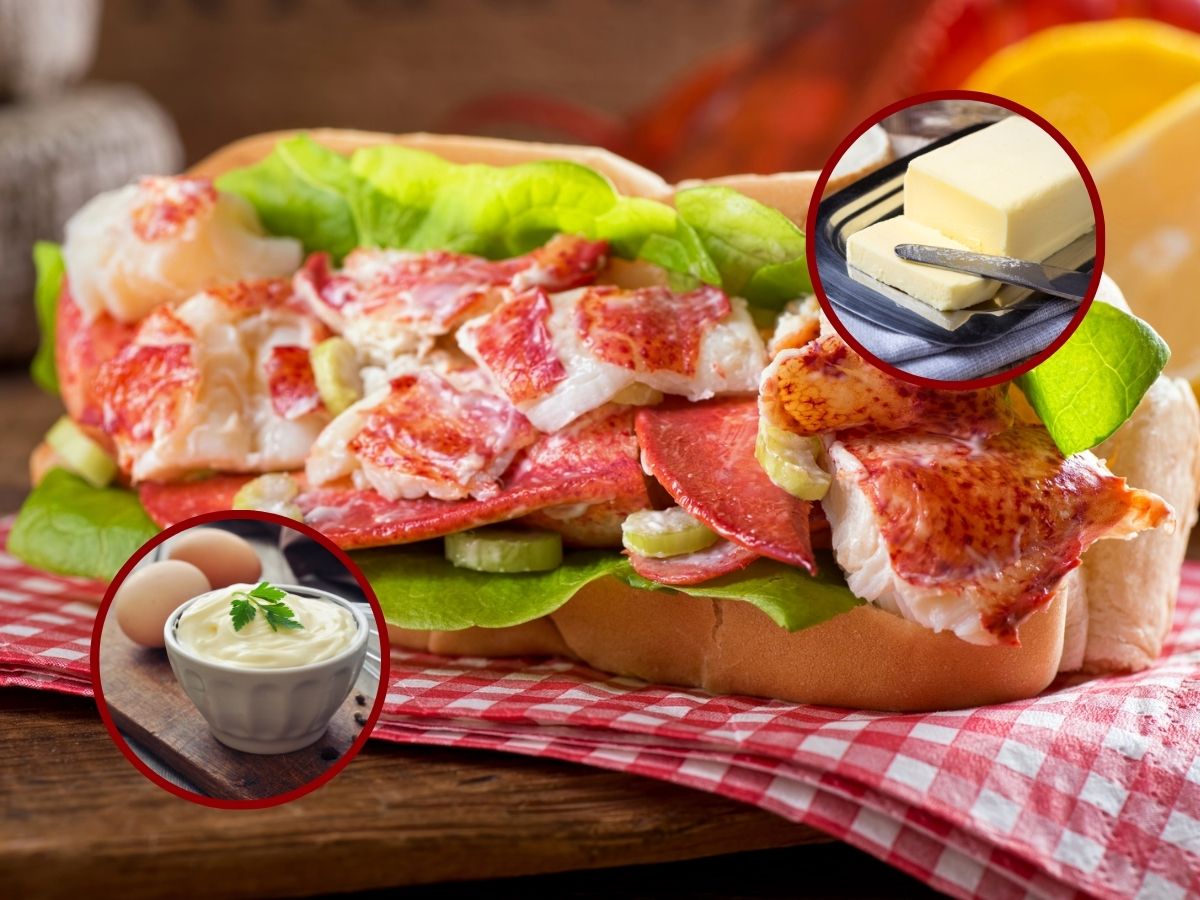 A lobster roll with lettuce in a bun, placed on a wooden board with a red checkered cloth. Insets show a dish of mayonnaise with an egg and a plate with butter and a knife.