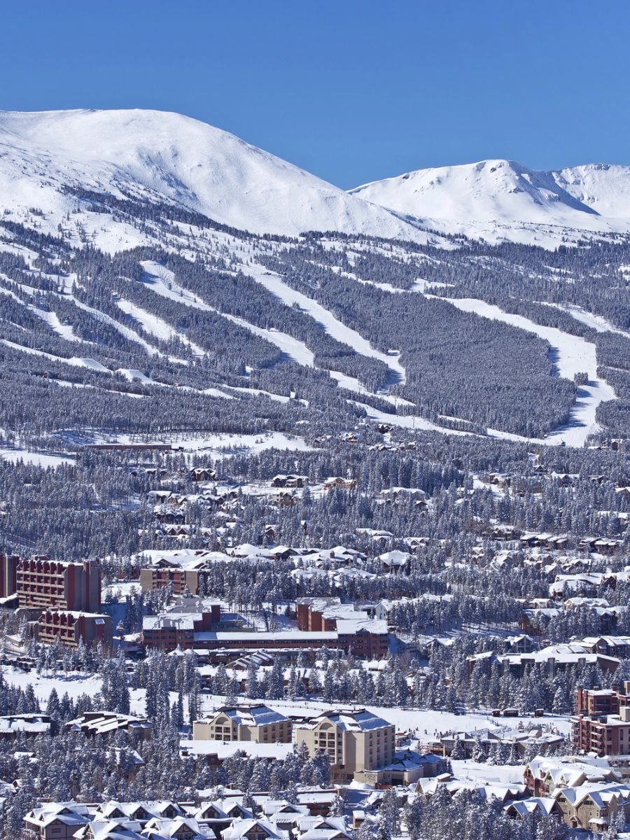 Snow-covered mountain with ski slopes and a town at its base with buildings and houses among trees. Clear blue sky above.