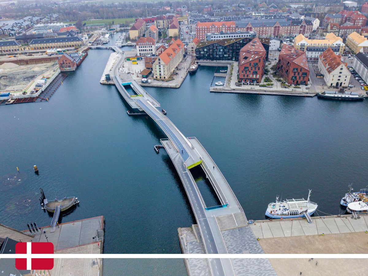 An aerial view of the Inderhavnsbroen Bridge that connects urban areas with contemporary and historical building in Copenhagen.