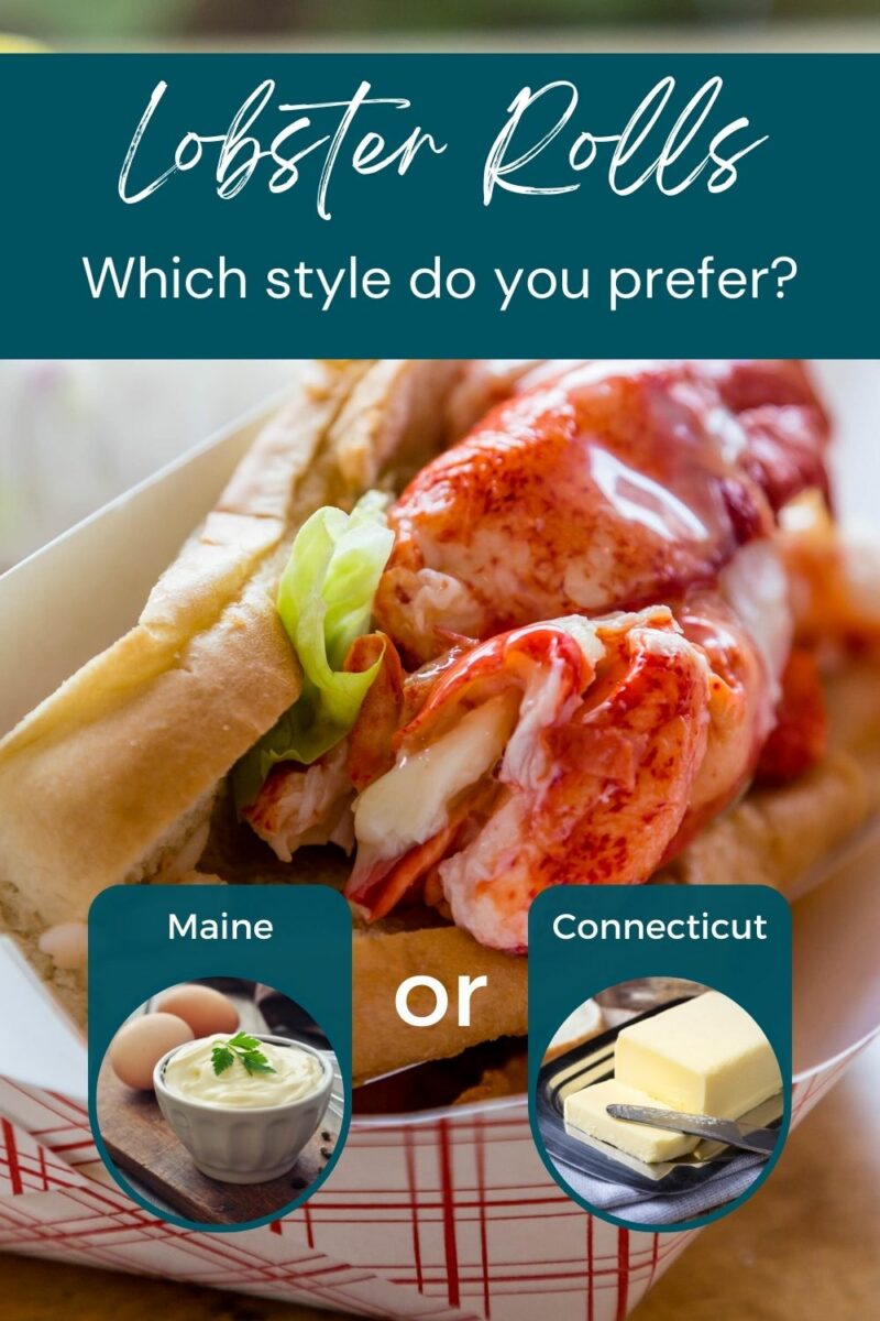 Close-up of a lobster roll in a food tray with text asking for a style preference: "Maine," featuring mayonnaise and egg, and "Connecticut," featuring butter.