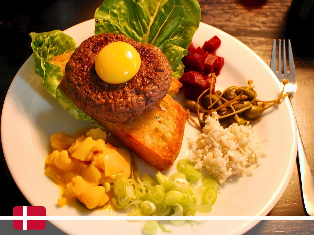 A plate featuring a beef patty topped with an egg yolk, served on toast alongside greens, diced beets, capers, grated horseradish, and a scrambled egg mix. A Danish flag icon is displayed in the corner.