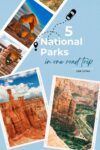 A collage displaying photos of Utah's national parks with the text: "5 National Parks in one road trip. USA | Utah." A dotted line with a car icon suggests a travel route between the parks.