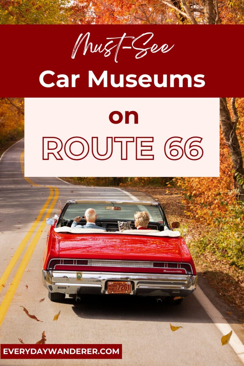 A couple drives a red vintage convertible on a scenic autumn road, with text above: "Must-See Car Museums on Route 66.